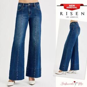 RISEN Tummy Control Mid Rise Waist Zip Fly Dark Washed Ankle Flare Denim Jeans
